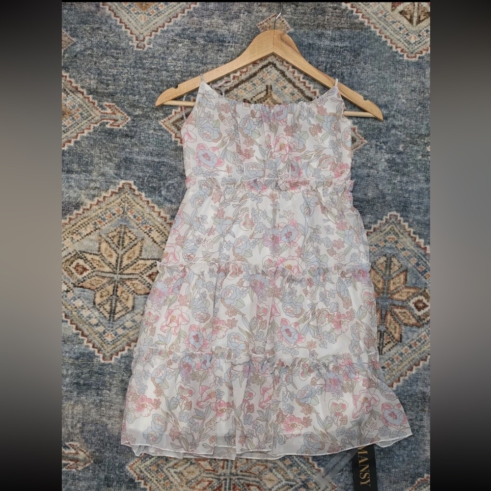 Mansy‎ Floral Tiered Mini Dress in White with Pastel Print